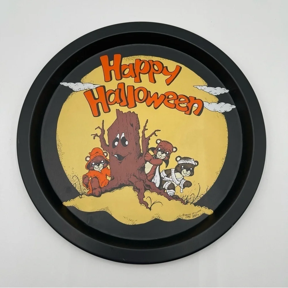 Vintage 1990 Retro Happy Halloween Bear Round Metal Serving Tray House of Lloyd - Picture 3 of 5